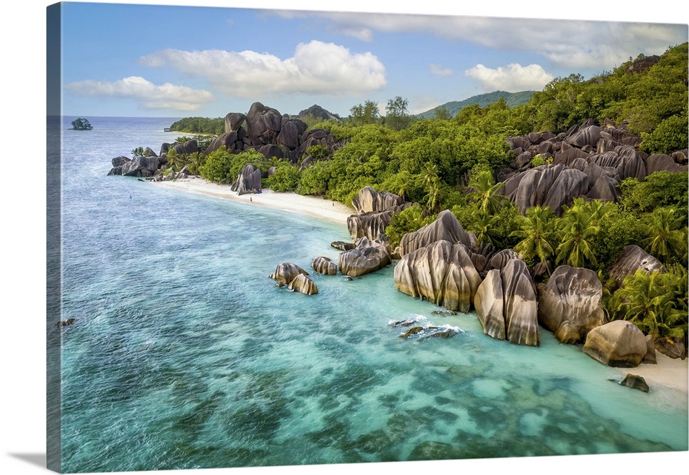 An aerial image of La Digue, a small island in the Seychelles archipelago. The photo was shot with a drone to appreciate t...