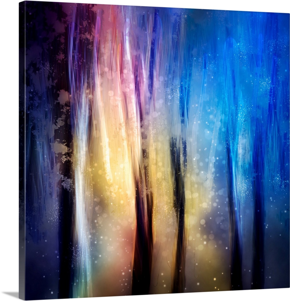 Square abstract photograph with mystical shades of blue, purple, yellow, and pink and dark vertical lines on top with tran...
