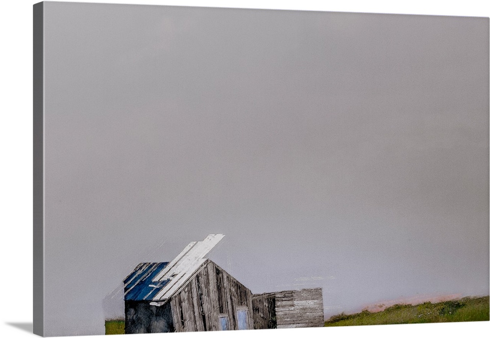 Contemporary artwork of a distorted cabin under a gray sky.