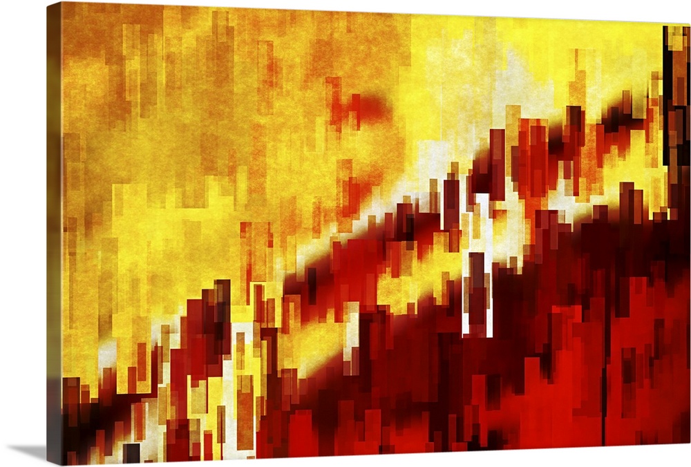 Bright red and yellow lights from a city scene warped into stretched, square shapes to create an abstract image.