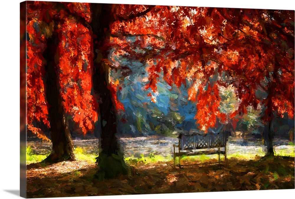 A bench under an oak tree in autumn with a expressionist photo or painterly effect