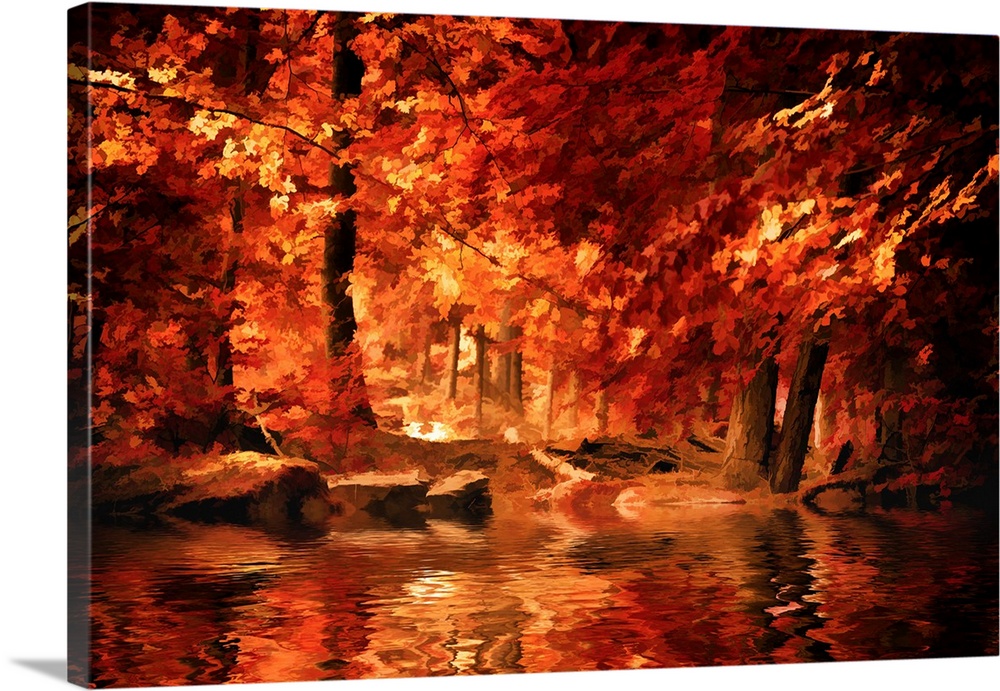 A river in a forest reflecting the orange and red leaves around it.