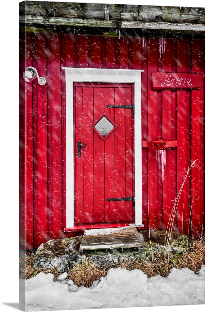 Door of a red chalet in Norway, also called rorbu