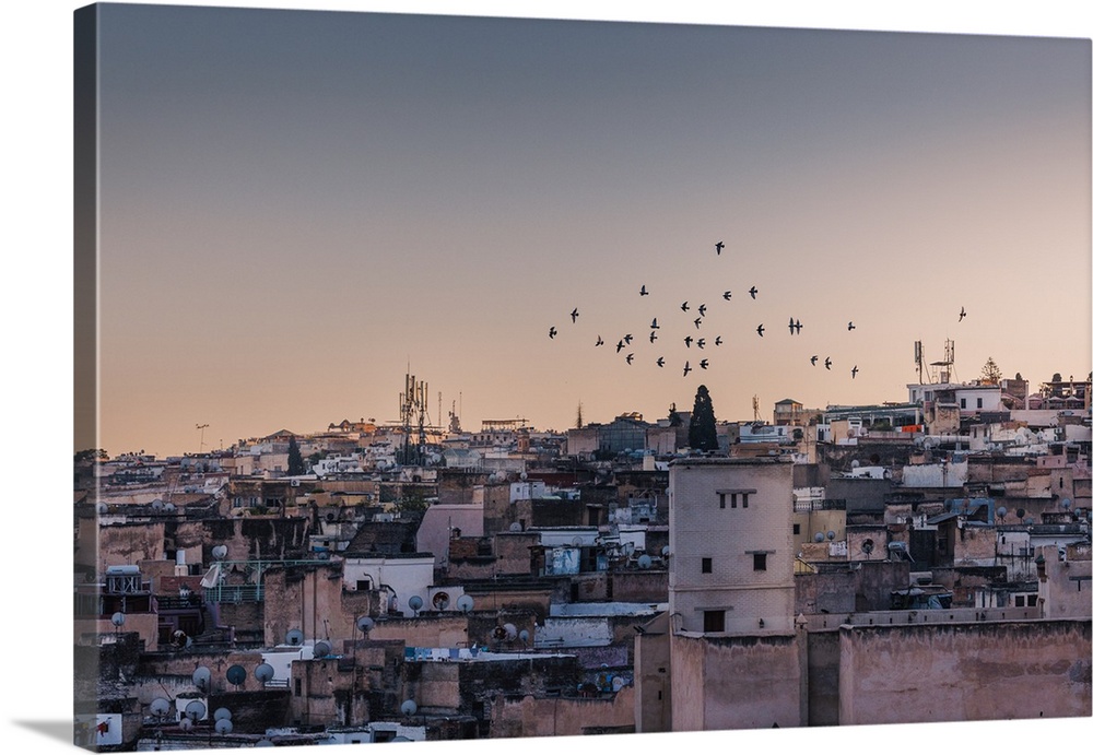 Birds flying over the medina of Fes, Morocco, during sunset.