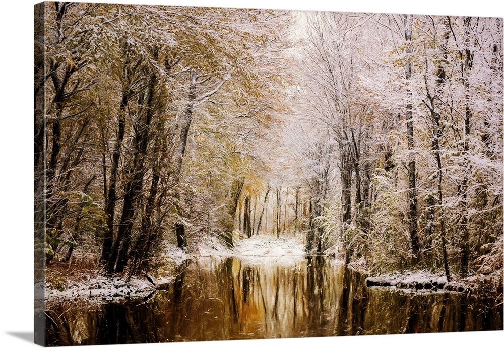 A serene winter scene features a calm river flowing through a forest blanketed with snow. Trees on either side are dusted ...