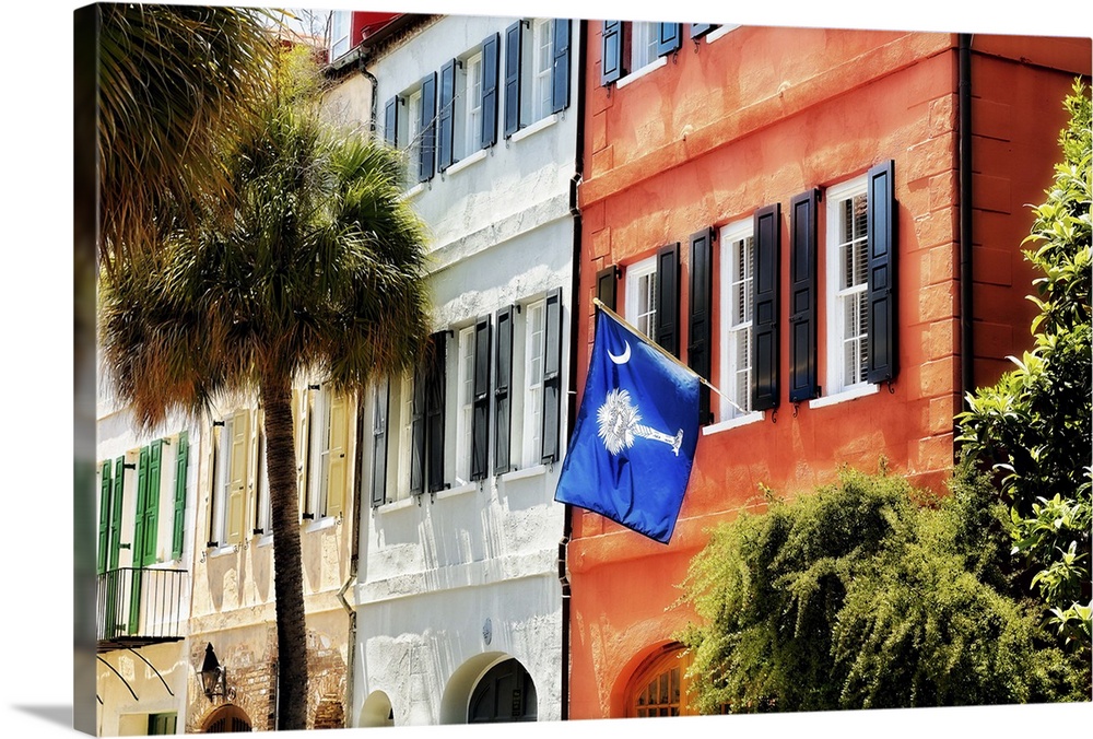 Low Angle View of Colorful House Exteriors with a Flag, Charleston, South Carolina