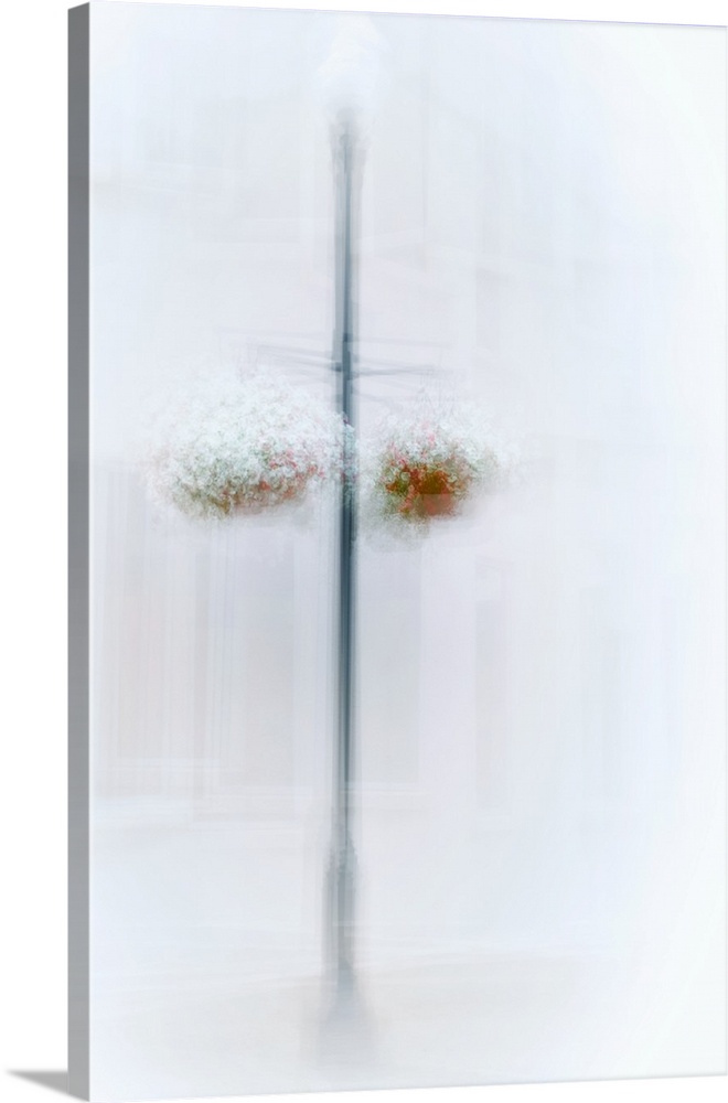 Conceptual image of two hanging flower baskets on a post, obscured by hazy white light.