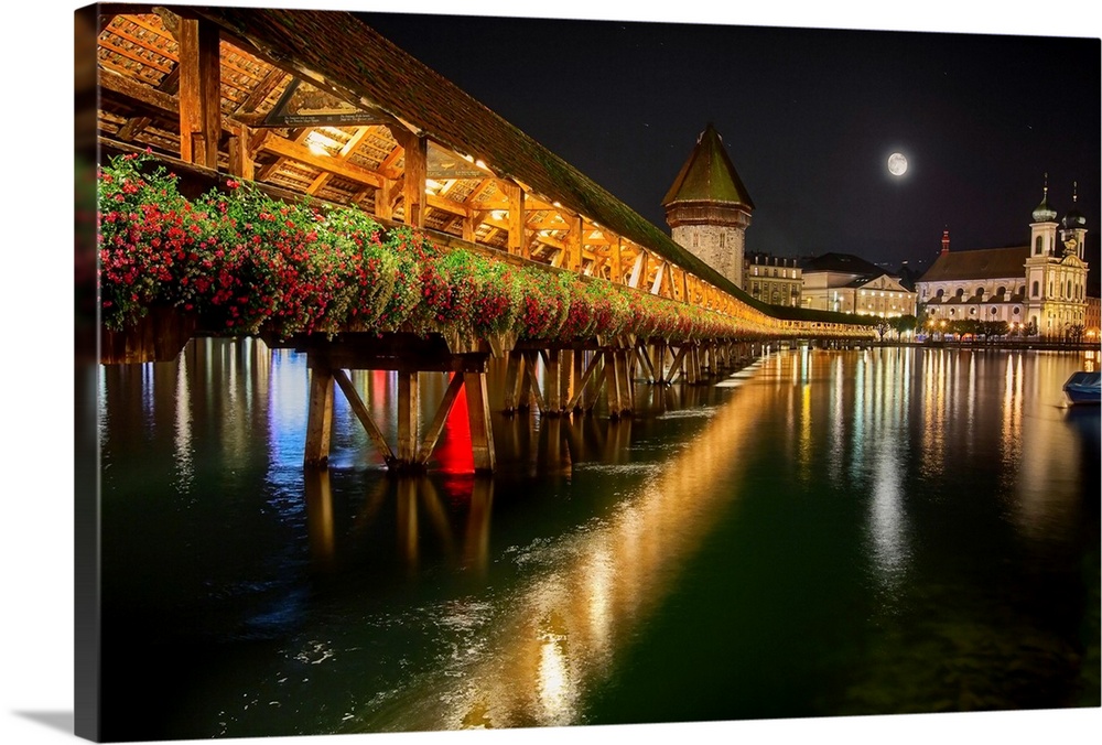 Scenic Night View of the Chapel Bridge in Old Town Lucerne, Switzerland
