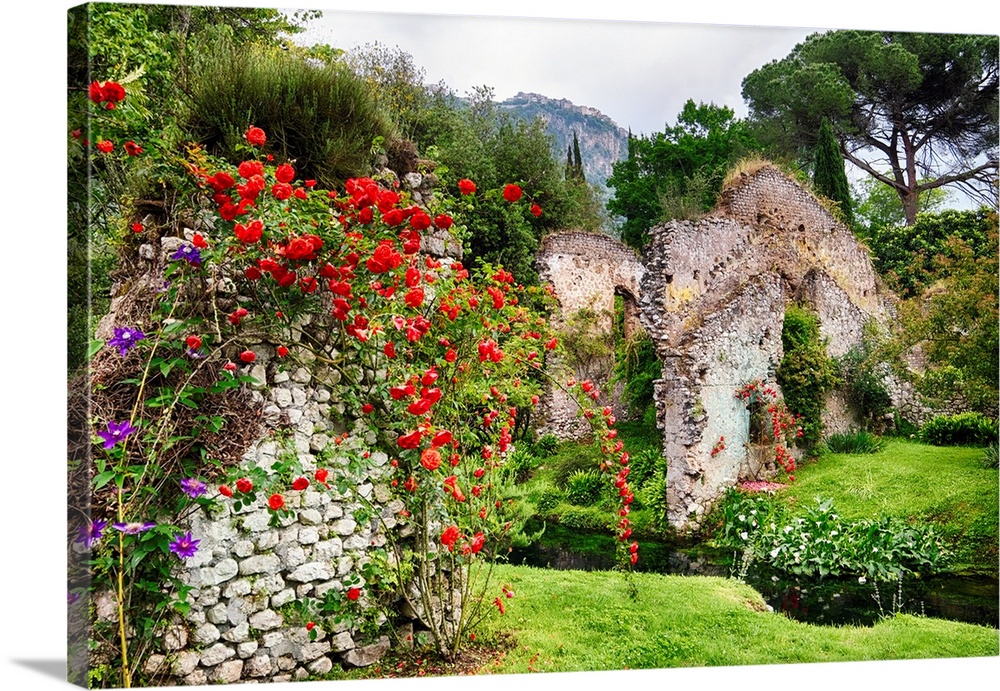 Garden with historic ruins and blooming flowers, Latina, Italy.