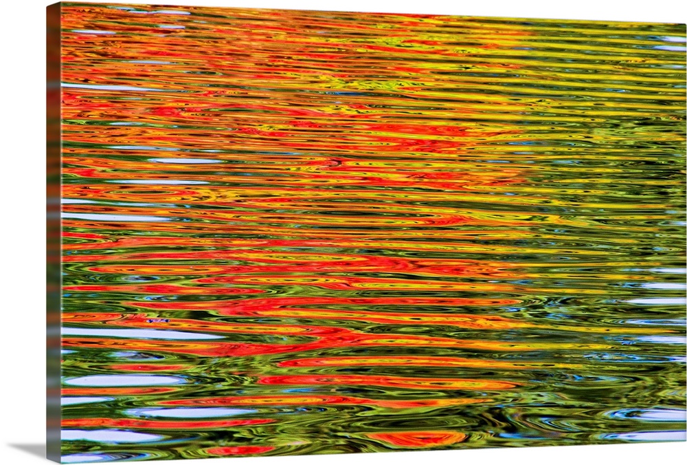 Fine art photo of leaves turning in the fall, reflected in water ripples, creating an abstract image.