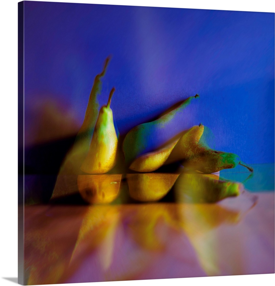 Square photograph of pears on a blue and pink background with an abstract feel.