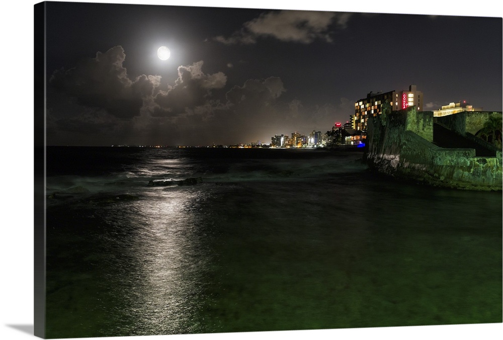 Night Scenic View of Ocean Front Buildings of Condado and Fort