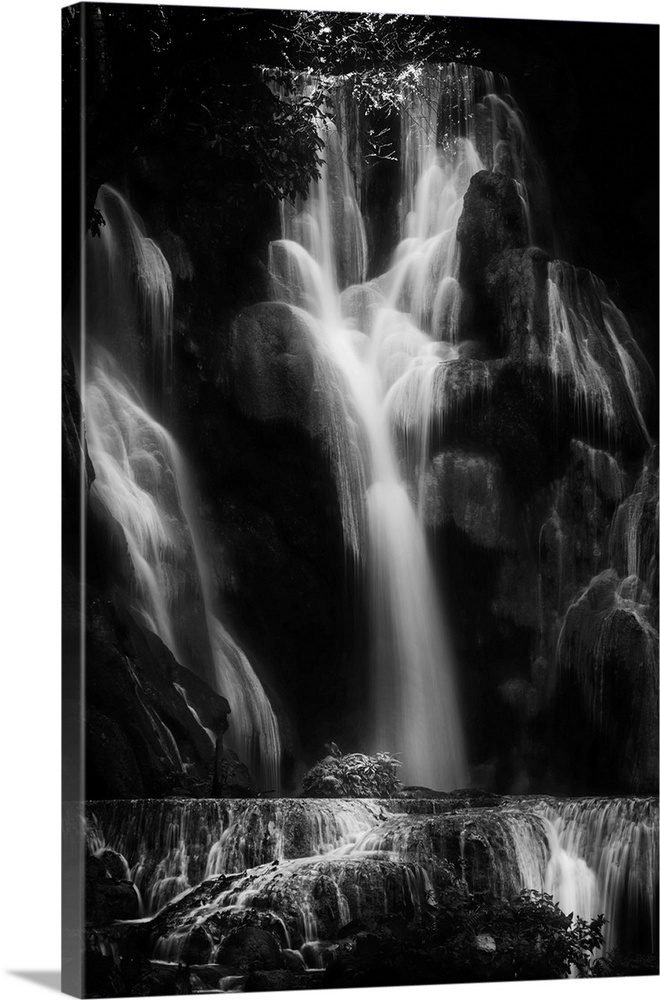 Large waterfall in black and white and shot with slow speed
