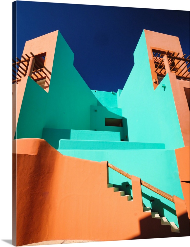 Low angle view of colorful adobe style buildings, Cabo San Lucas, Baja California Sur, Mexico.