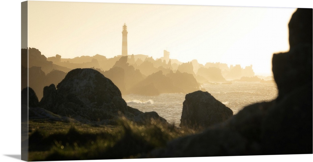The creac'h lighthouse on Ouessant island in Brittany, France, on a sunshine day, panoramic view.