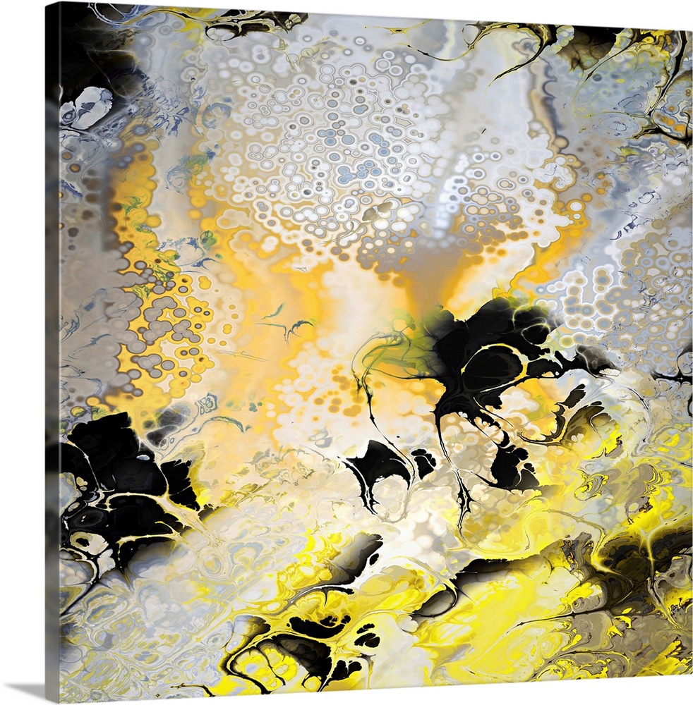 Square abstract art in gray, yellow, and black hues with a marbled look.