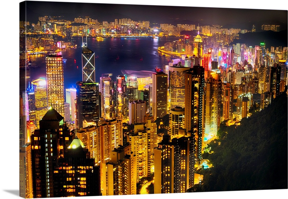 High angle view of Hong Kong night skyline from the Victoria Peak.