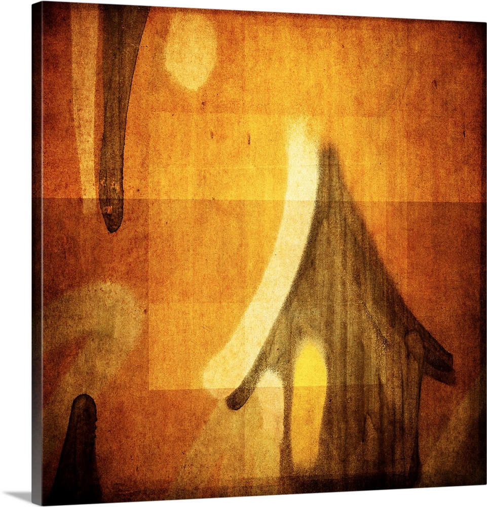 Conceptual photograph of abstract shapes resembling a small house with the sun above in amber shades.