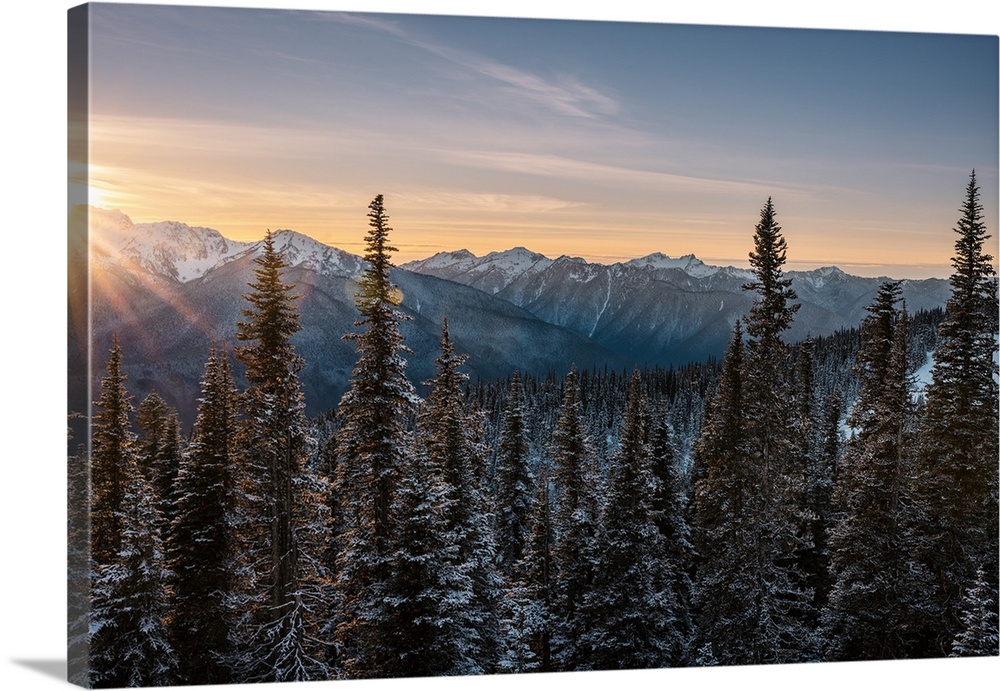 Beam of sun light over snow mountains at Hurricane Ridge, Olympic National Park, during sunset.