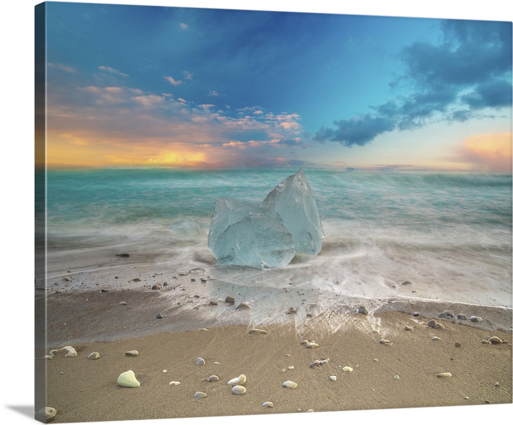 A piece of iceberg washed ashore by the current of the North Sea. In Iceland it is common to find icebergs on the beach. T...