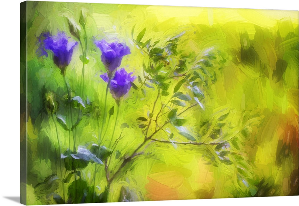 Dreamy photograph of purple flowers growing around greenery in a field with a painted look finish.