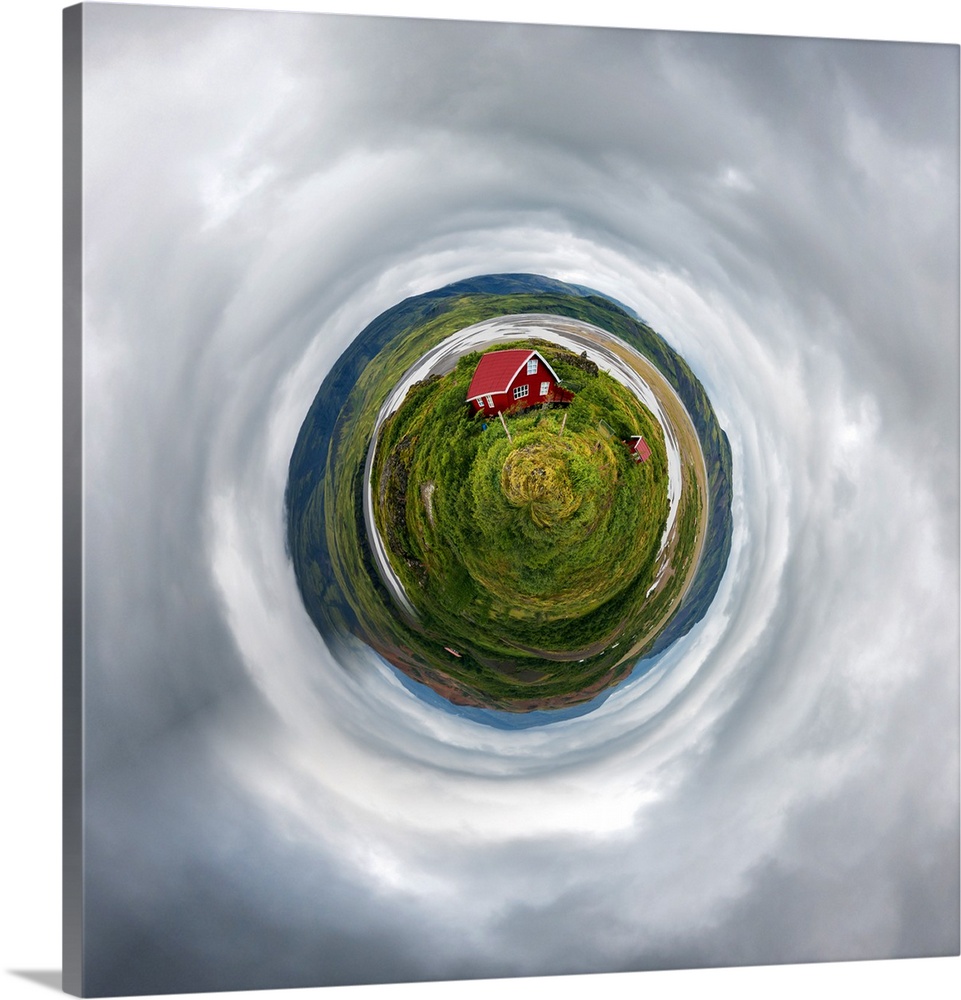 A red farmhouse in a lush green field under stormclouds, with a stereographic projection effect on the image, resembling a...