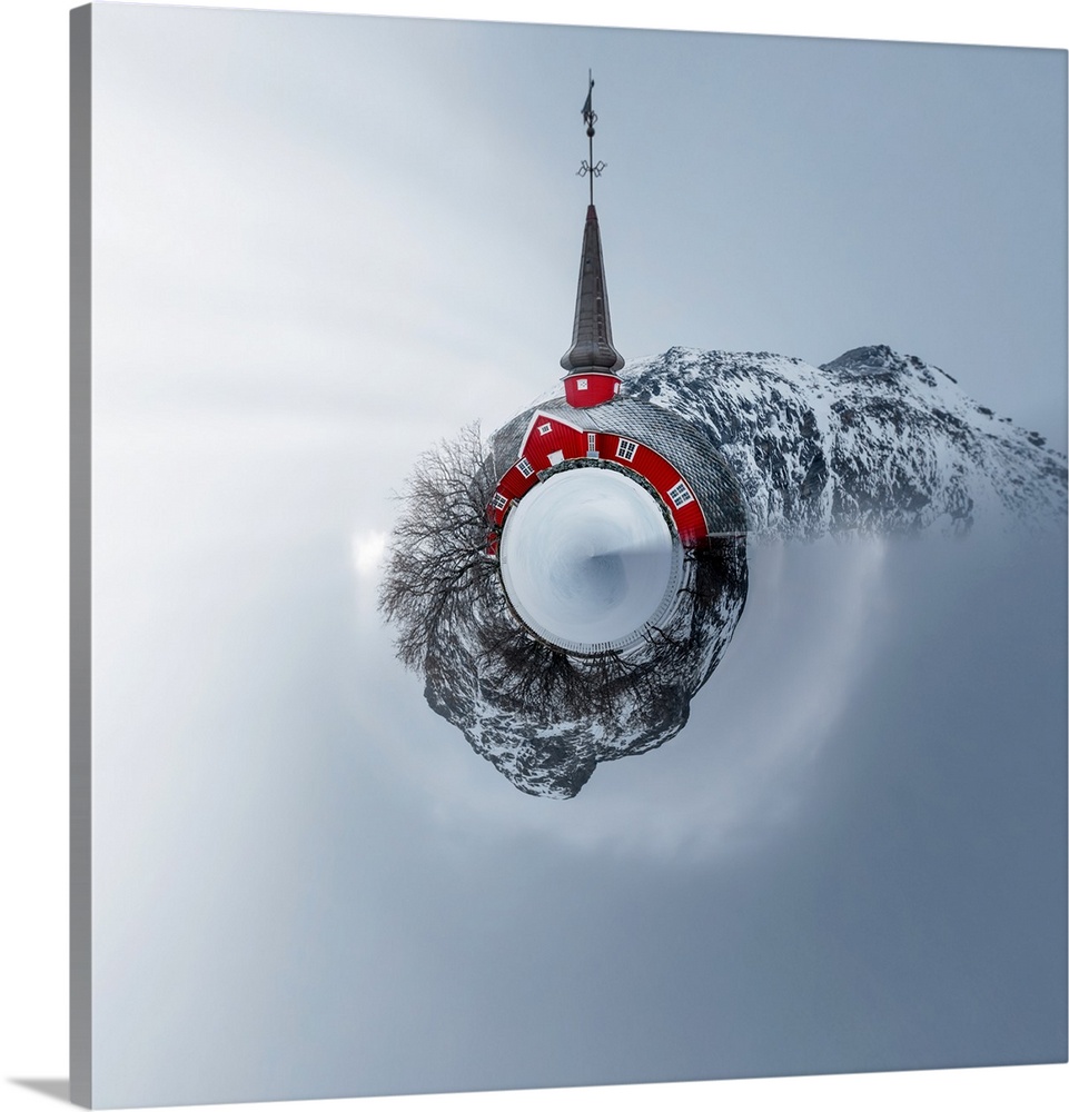 A red church with a tall steeple in the winter, with a stereographic projection effect on the image, resembling a tiny pla...