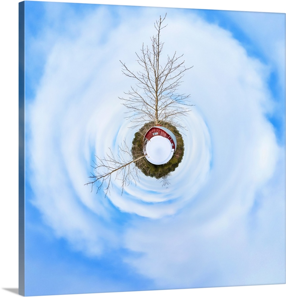 A red barn with two tall trees under a cloudy sky, with a stereographic projection effect on the image, resembling a tiny ...