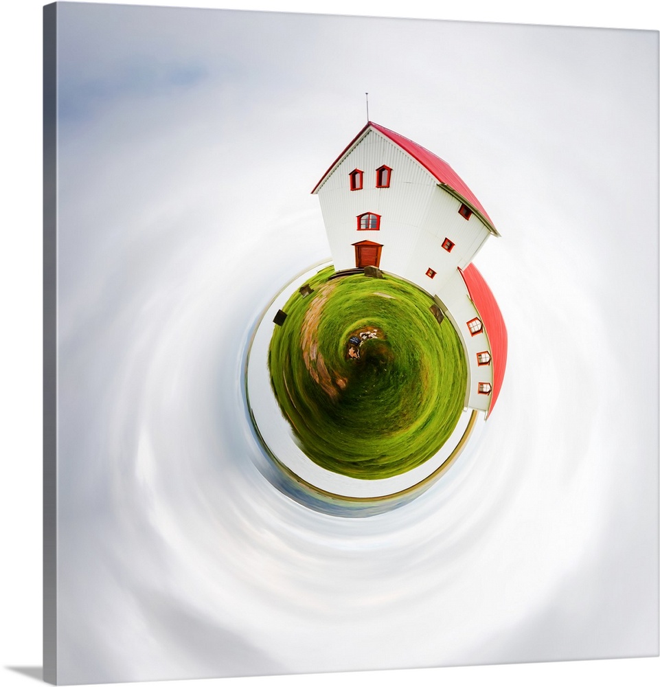 A white house with a red roof on a green lawn, with a stereographic projection effect on the image, resembling a tiny planet.