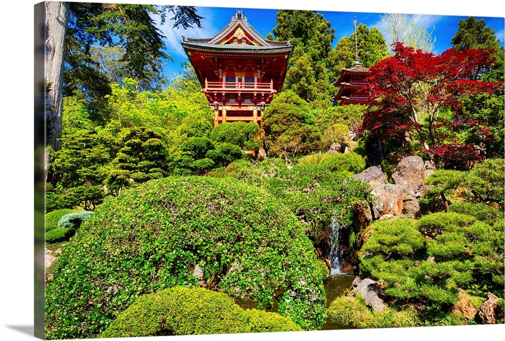 Traditional Japanese Pavilions in a Garden with a Small Waterfall.