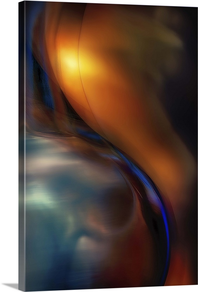 Abstract photograph of curved blue glass against orange.