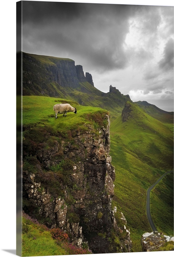 Fine art photo of a misty valley surrounded by steep cliffs with a sheep on one ledge.