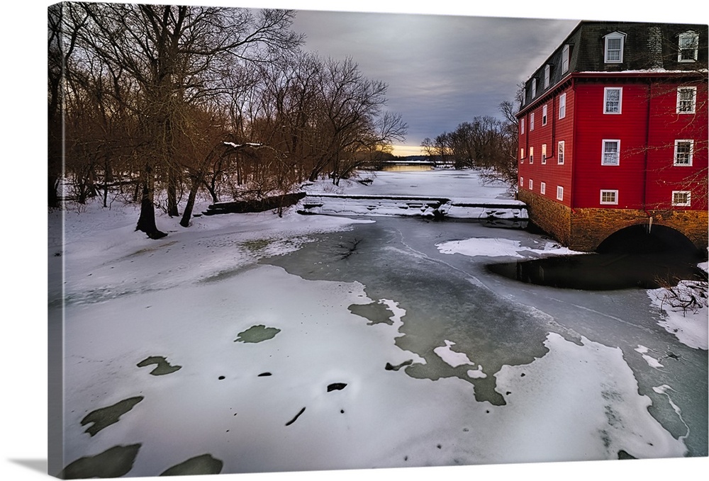 Winter Landscape with the Kingston Gristmill at the Lake Carnegie Dam, New Jersey, USA