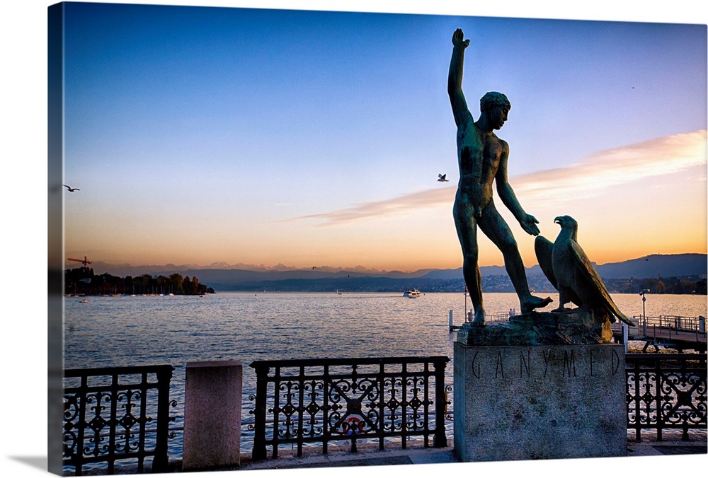 Statue of  Ganymed on the Zurich Lake at Sunset, Switzerland
