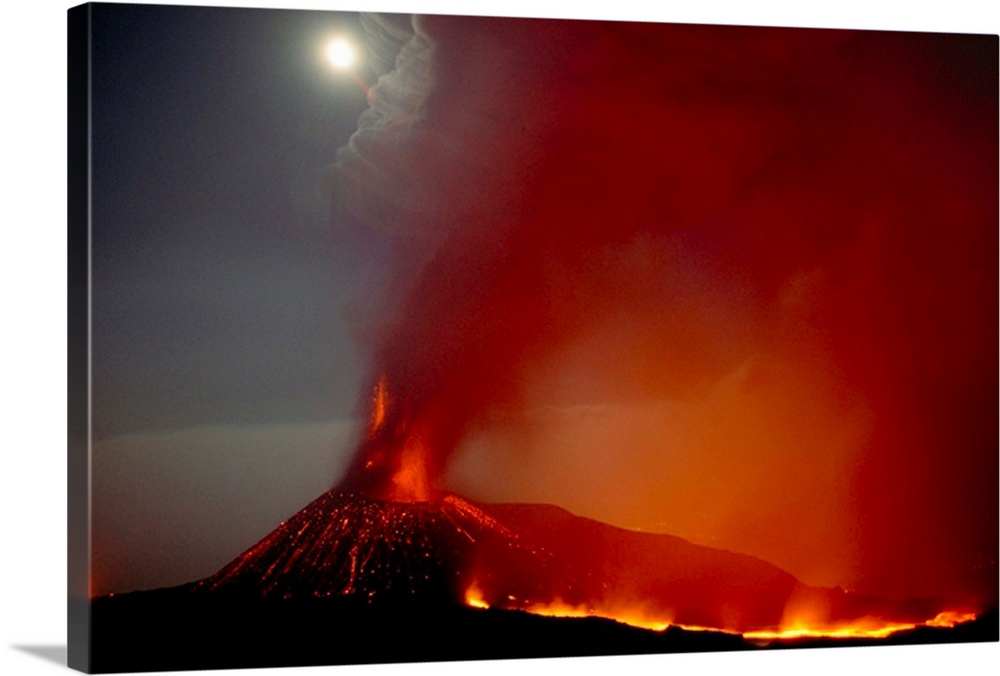 Moon over erupting summit vent, Mt. Etna, Sicily, Italy