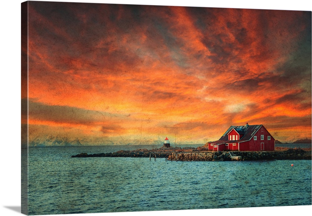 Aged photograph of a lighthouse with a red house next to it, surrounded by water and a beautiful sunset.