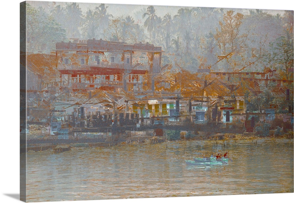 Unique photograph of buildings and the harbor in the town of Kerala, India with a rough gray overlay.