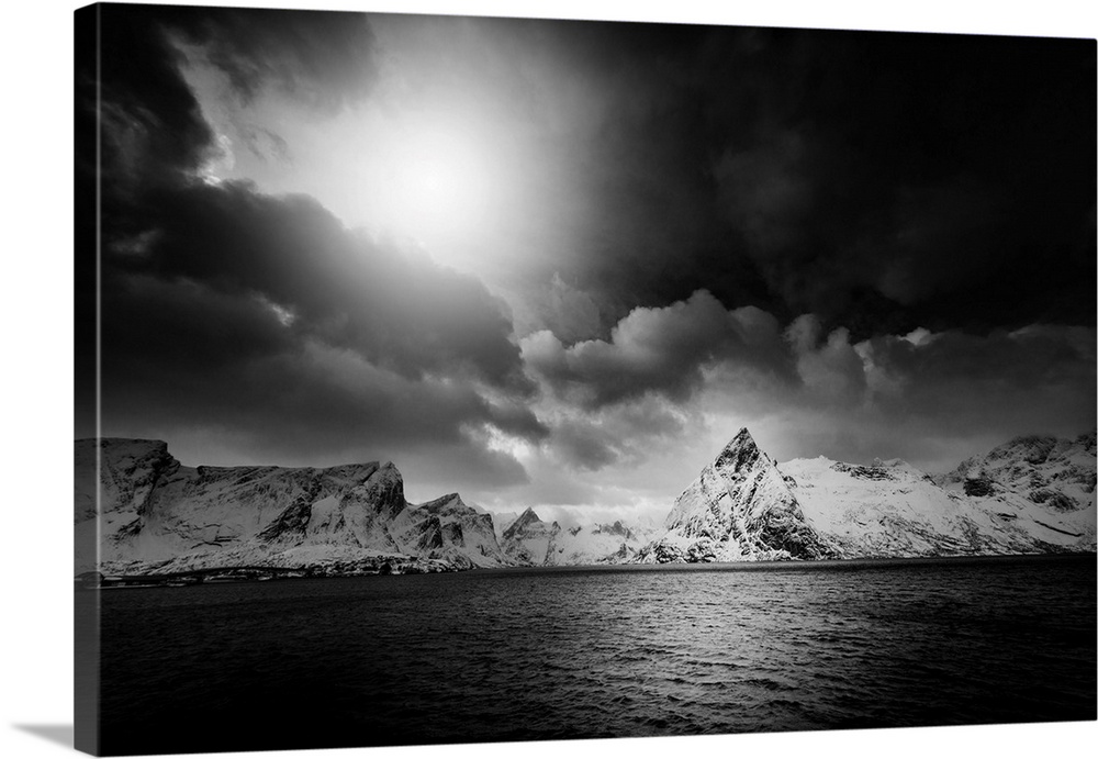 Black and white landscape of a Norwegian fjord