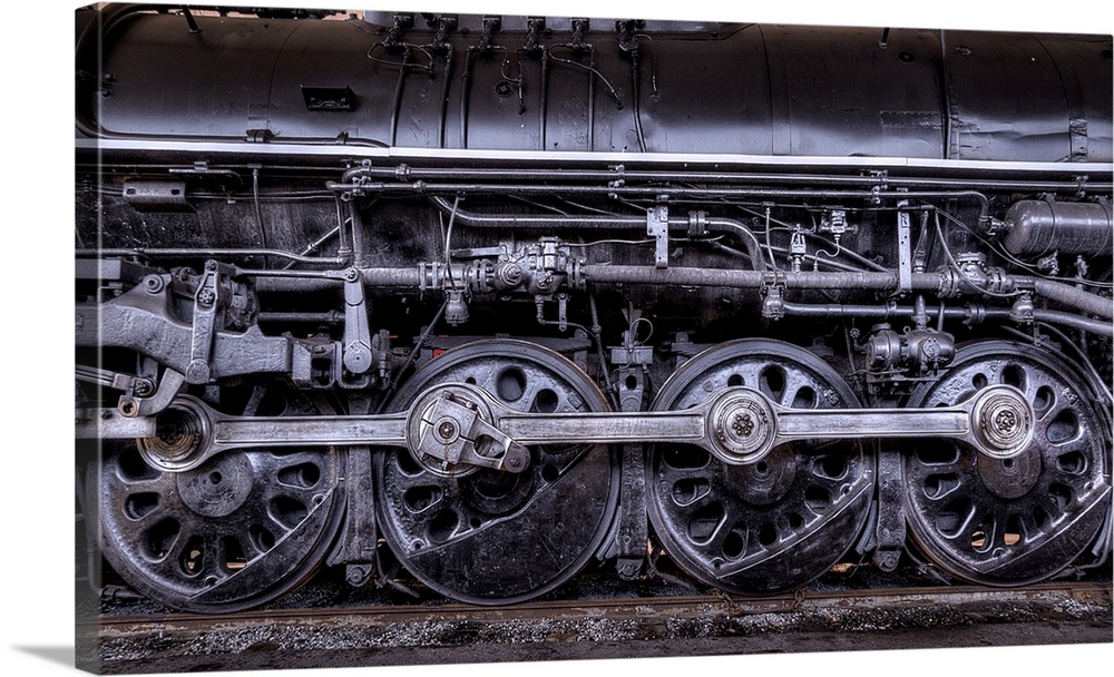 Iron wheels on a steam locomotive.