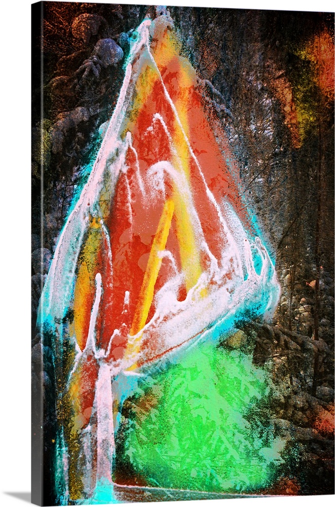 Photograph of rocky woods in the background with an overlay of brightly colored paint.