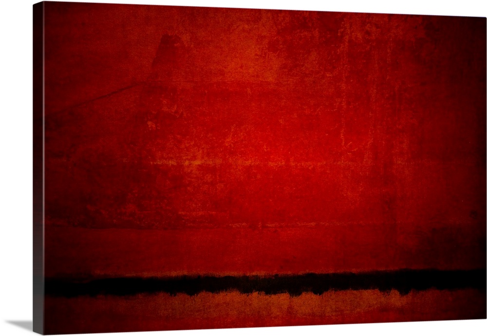 Abstract artwork of a red tones and a black horizon line with a distressed texture throughout.