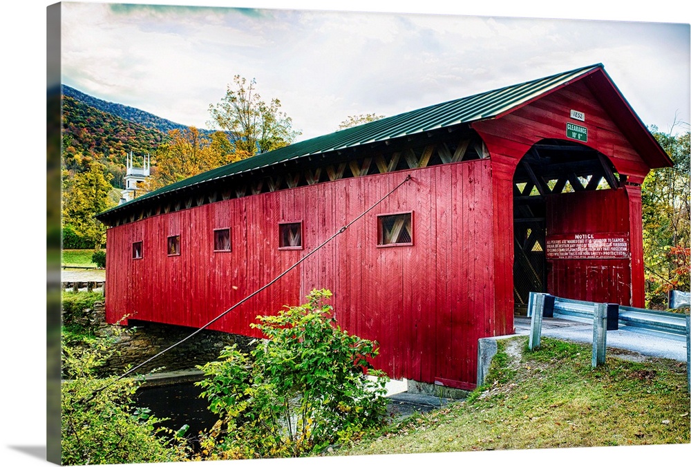 Fine art photo of a wooden covered bridge over the Battenkill River in New England.