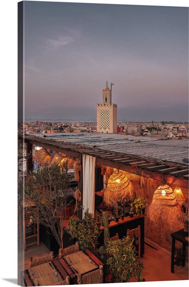 Unique structure in the medina of Marrakesh, Morocco, during blue hour after sunset.