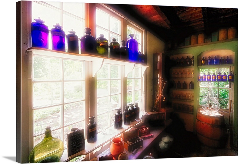 An ethereal photo of an antique kitchen or pantry filled with herbal medicine and concoctions.