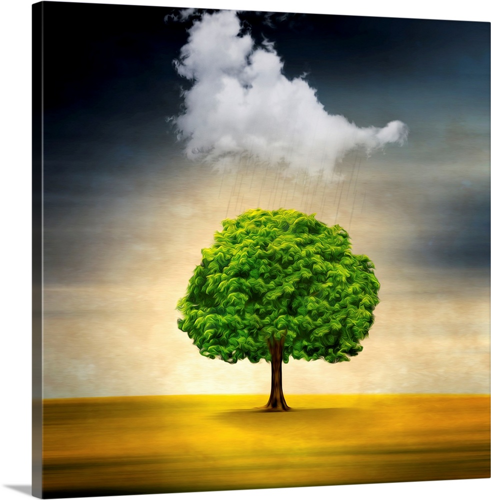 Conceptual image of a single tree on a yellow field with a single cloud above raining.