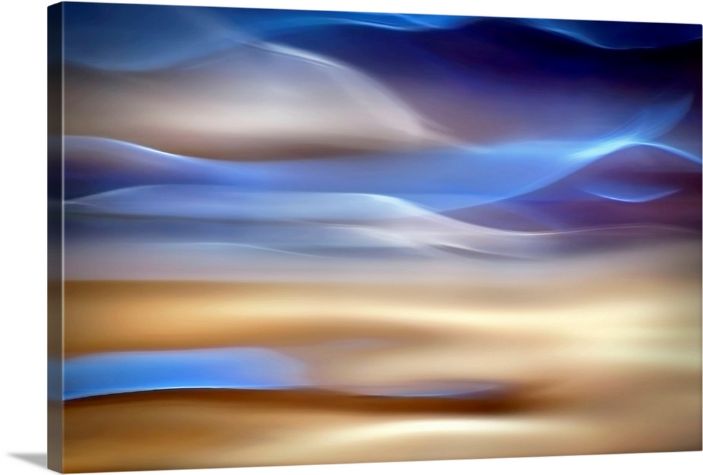 An abstract piece of artwork that has waves of blue and tan running horizontally.