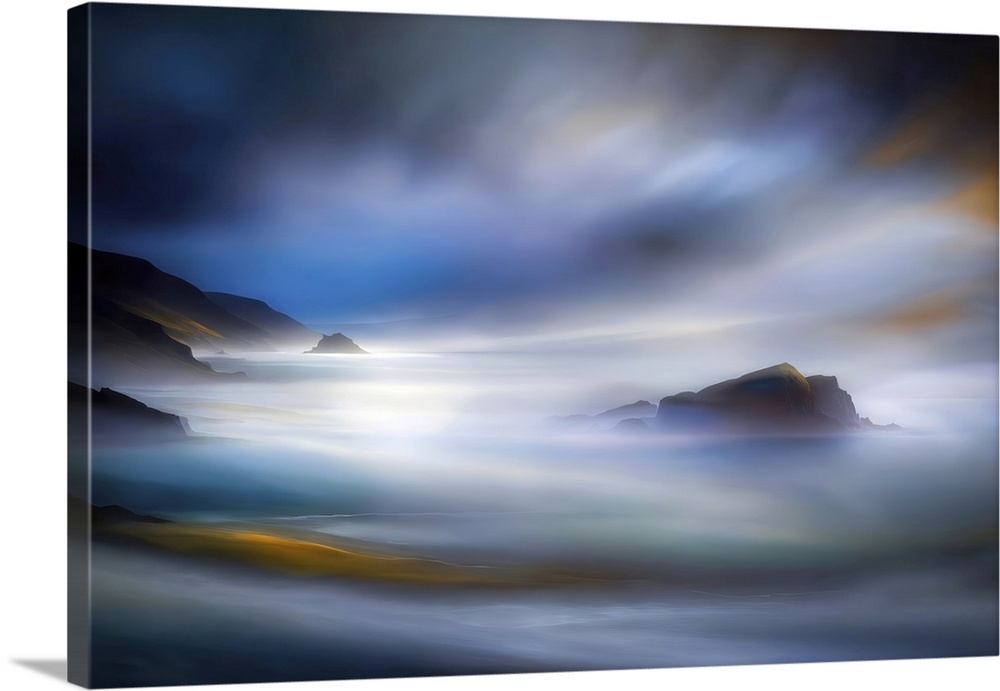 A mystical seascape features misty waves flowing around rocky outcrops, under a dramatic sky with hues of blue and orange ...