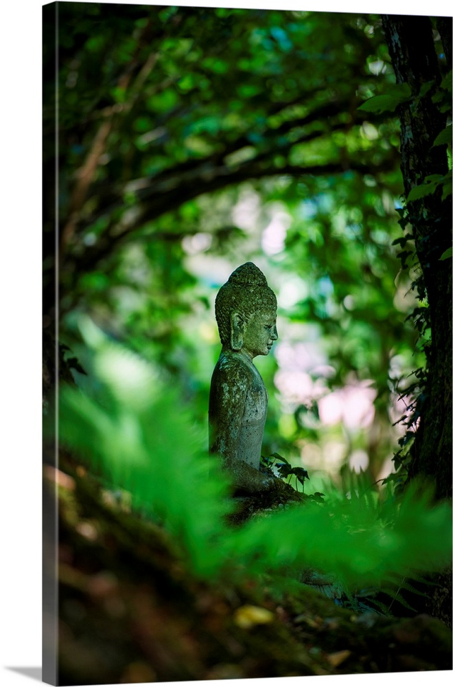 A stone statue of a serene monk is depicted in a meditative posture, bathed in natural light and shadow. The background fe...