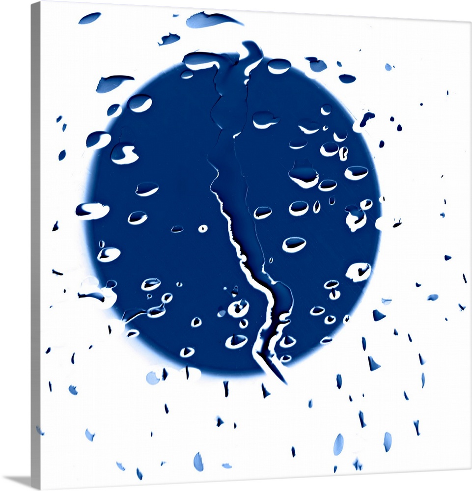 Abstract artwork consisting of raindrops with an obscure blue shape behind.