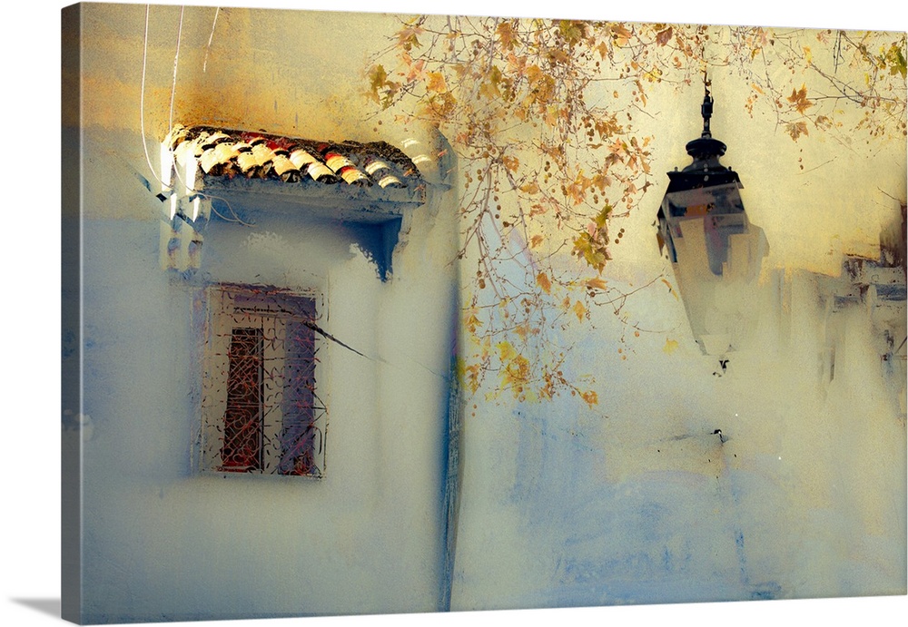 A stylised watercolour'esque image of a yellow green wall in Morocco with a wrought iron lamp and a window.